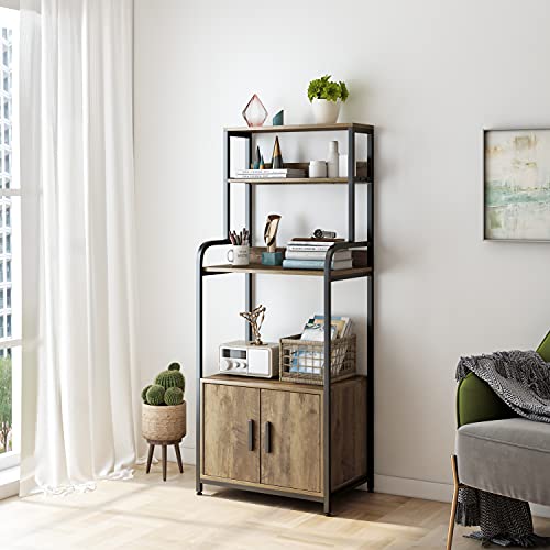 URKNO Kitchen Baker's Rack with Hutch and Storage Cabinet, 4-Tier Industrial Kitchen Microwave Oven Stand with 6 S-Hooks, Free Standing Kitchen Pantry Cabinets, Easy Assembly, Rustic Brown