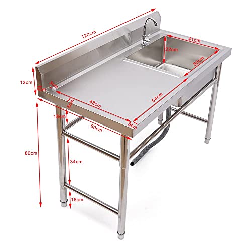 Commercial Stainless Steel Kitchen Sink w/Faucet -Commercial Untility Sink with Workstations Single Bowl with Left Drainboard (Restaurant, Kitchen, Laundry, Garage),1200x600mm(LxW)