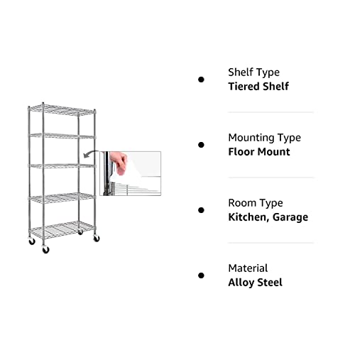 Catalina Creations EFINE Chrome 5-Shelf Shelving Unit on 3'' Wheels with Shelf Liners Set of 5, NSF Certified, Adjustable Heavy Duty Steel Wire Shelving Rack (30W x 14D x 63.7H) Pole Diameter 1 Inch