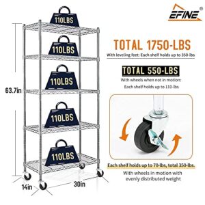 Catalina Creations EFINE Chrome 5-Shelf Shelving Unit on 3'' Wheels with Shelf Liners Set of 5, NSF Certified, Adjustable Heavy Duty Steel Wire Shelving Rack (30W x 14D x 63.7H) Pole Diameter 1 Inch