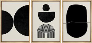 signleader framed canvas print wall art set array of circles and semi-circles abstract shapes illustrations modern art minimalist black and white for living room, bedroom, office - 16"x24"x3 natural