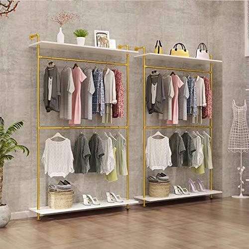 WFDERAN Industrial Clothing Store 2-Tier Pipe and Wood Garment Rack,Wall Mounted Storage Clothes Shoe Bag Hanging Shelves,Retail Shop Clothes Display Stands (Gold, One Pipe Shlef, 47.2" L)