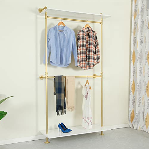 WFDERAN Industrial Clothing Store 2-Tier Pipe and Wood Garment Rack,Wall Mounted Storage Clothes Shoe Bag Hanging Shelves,Retail Shop Clothes Display Stands (Gold, One Pipe Shlef, 47.2" L)