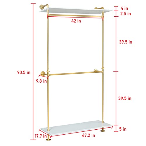 WFDERAN Industrial Clothing Store 2-Tier Pipe and Wood Garment Rack,Wall Mounted Storage Clothes Shoe Bag Hanging Shelves,Retail Shop Clothes Display Stands (Gold, One Pipe Shlef, 47.2" L)