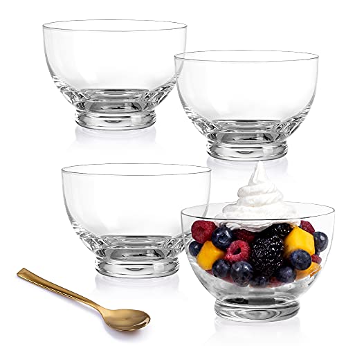 Hand Blown Glass Dessert Bowls – Set Of 4 Crystal Dessert Cups and Gold-Plated Spoons – Lead-free Ice Cream Bowls for Appetizers, Condiments and Cocktails by Lumi & Numi, 12 oz.