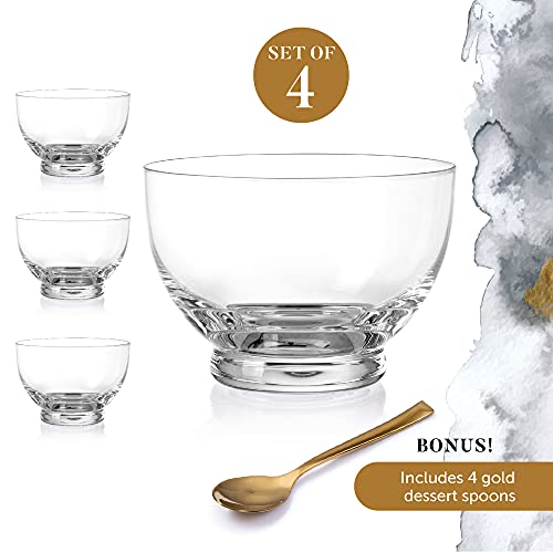 Hand Blown Glass Dessert Bowls – Set Of 4 Crystal Dessert Cups and Gold-Plated Spoons – Lead-free Ice Cream Bowls for Appetizers, Condiments and Cocktails by Lumi & Numi, 12 oz.