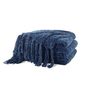 accotia navy blue chenille throw blanket for couch, super soft fluffy throw blanket for chair, 50x60inches - super fluffy warm decorative fringe for home décor, bed and living room（50“x60, navy）