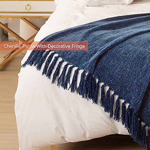 ACCOTIA Navy Blue Chenille Throw Blanket for Couch, Super Soft Fluffy Throw Blanket for Chair, 50X60inches - Super Fluffy Warm Decorative Fringe for Home Décor, Bed and Living Room（50“X60, Navy）