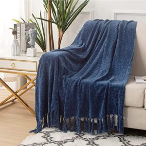 ACCOTIA Navy Blue Chenille Throw Blanket for Couch, Super Soft Fluffy Throw Blanket for Chair, 50X60inches - Super Fluffy Warm Decorative Fringe for Home Décor, Bed and Living Room（50“X60, Navy）