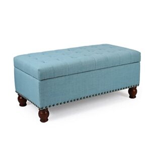 homebeez fabric storage ottoman long bench button-tufted rectangular footstool with wood legs(blue)