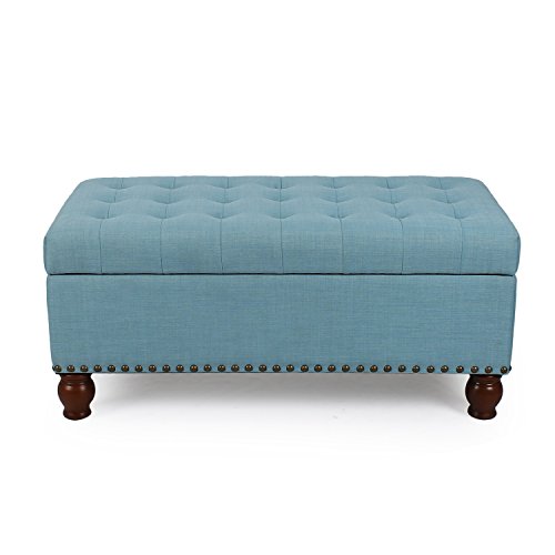 Homebeez Fabric Storage Ottoman Long Bench Button-Tufted Rectangular Footstool with Wood Legs(Blue)