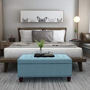 Homebeez Fabric Storage Ottoman Long Bench Button-Tufted Rectangular Footstool with Wood Legs(Blue)