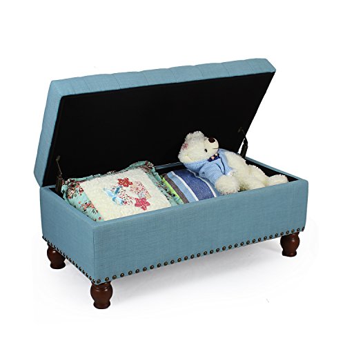 Homebeez Fabric Storage Ottoman Long Bench Button-Tufted Rectangular Footstool with Wood Legs(Blue)