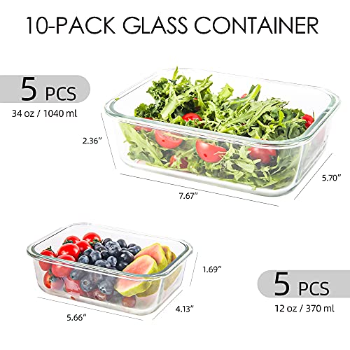 YARYOUNG 10 Pack Glass Food Storage Containers with Lids, Reusable Glass Meal Prep Containers for Lunch, Airtight Glass Container Sets with Lids, Leak Proof, Microwave & Freezer Safe (34oz & 12oz)