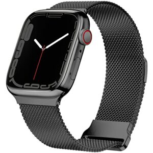 geoumy magnetic band compatible with apple watch 42mm 44mm 45mm 49mm, stainless steel mesh milanese strap with loop, metal wristband for iwatch se ultra series 8 7 6 5 4 3 2 1 for women men, black