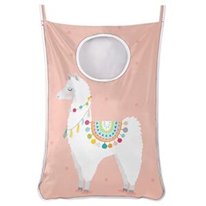 cute alpaca hanging laundry hamper bag with 2 door hooks, pink alpaca holding dirty clothes bag, saving space hanging laundry bag for door wall, closet, bathroom