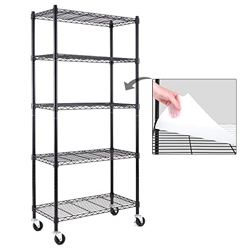 EFINE 5-Shelf Shelving Units and Storage on 3'' Wheels with Shelf Liners Set of 5, NSF Certified, Adjustable Heavy Duty Carbon Steel Wire Shelving Unit (30W x 14D x 63.7H) Pole Diameter 1 Inch