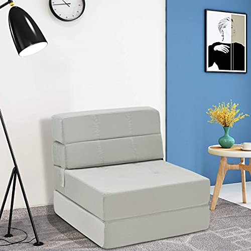 Mayjooy Tri-Fold Sofa Bed, Triple Fold Down Floor Couch w/Washable Cover & Flocking Surface, Modern Convertible Futon Sleeper Chair for Living Room/Bedroom, Upholstered Guest Chaise Lounge (Gray)