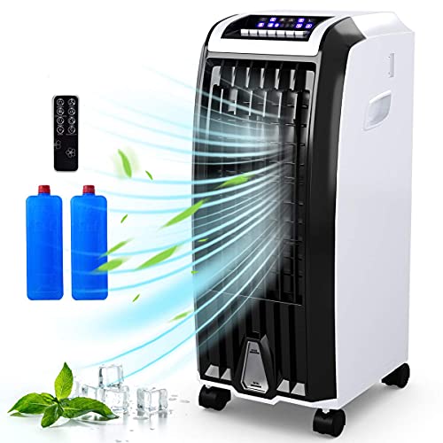 KOTEK Evaporative Cooler, Portable Air Cooler, Fan & Humidifier w/7.5H Timer, Anion Function, 3 Modes & 3 Speeds, Bladeless Quiet Evaporative Air Cooler w/Remote Control for Home, Office