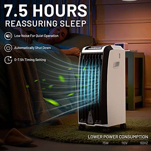 KOTEK Evaporative Cooler, Portable Air Cooler, Fan & Humidifier w/7.5H Timer, Anion Function, 3 Modes & 3 Speeds, Bladeless Quiet Evaporative Air Cooler w/Remote Control for Home, Office