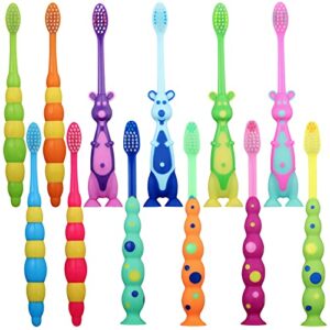lauwell toddler toothbrush kids manual toothbrush individually wrapped toothbrushes with covers suction cup toothbrush lovely soft bristle animal toothbrush for kids sensitive teeth (12 pieces)