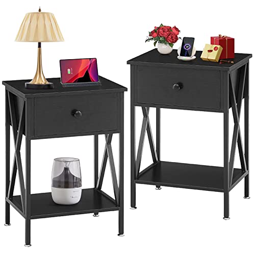 VECELO End Table,Modern Night Stand with Drawer& Shelf, Set of 2 Bedroom Living Room Office, 2 Nightstands, Black