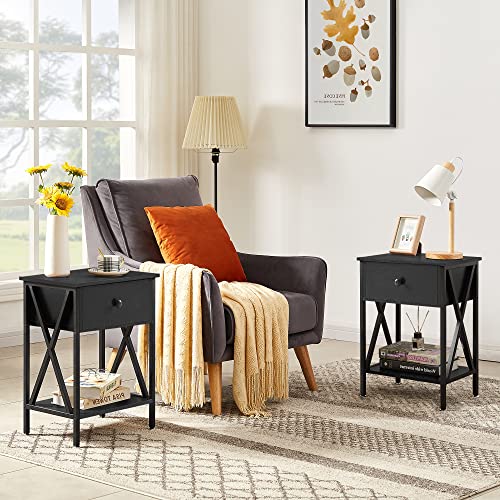 VECELO End Table,Modern Night Stand with Drawer& Shelf, Set of 2 Bedroom Living Room Office, 2 Nightstands, Black