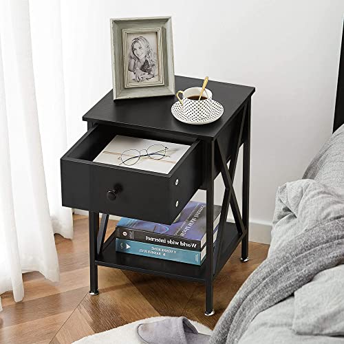 VECELO End Table,Modern Night Stand with Drawer& Shelf, Set of 2 Bedroom Living Room Office, 2 Nightstands, Black