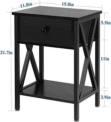 VECELO End Table,Modern Night Stand with Drawer& Shelf, Set of 2 Bedroom Living Room Office, 2 Nightstands, Black