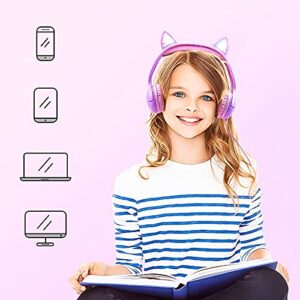 Olyre Kids Headphones, Safe 85db Volume Control Light Up Cat Ear Headphones for iPad Fire Tablet Kindle, On-Ear LED Children Headphones for School Learning Travel - Purple/Pink