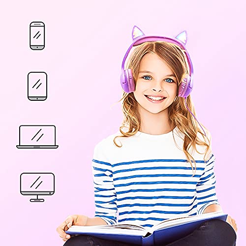 Olyre Kids Headphones, Safe 85db Volume Control Light Up Cat Ear Headphones for iPad Fire Tablet Kindle, On-Ear LED Children Headphones for School Learning Travel - Purple/Pink