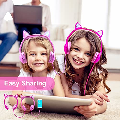 Olyre Kids Headphones, Safe 85db Volume Control Light Up Cat Ear Headphones for iPad Fire Tablet Kindle, On-Ear LED Children Headphones for School Learning Travel - Purple/Pink