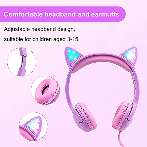 Olyre Kids Headphones, Safe 85db Volume Control Light Up Cat Ear Headphones for iPad Fire Tablet Kindle, On-Ear LED Children Headphones for School Learning Travel - Purple/Pink