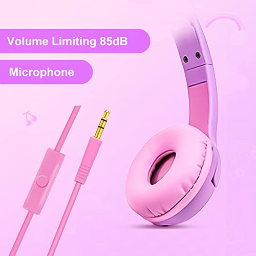 Olyre Kids Headphones, Safe 85db Volume Control Light Up Cat Ear Headphones for iPad Fire Tablet Kindle, On-Ear LED Children Headphones for School Learning Travel - Purple/Pink