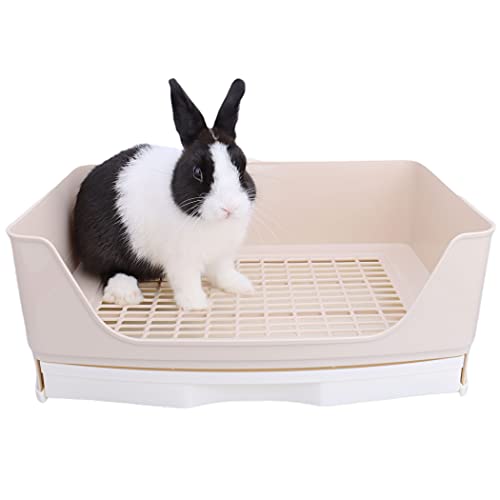 RUBYHOME Oversize Rabbit Litter Box with Drawer, Corner Toilet Box with Grate Potty Trainer, Bigger Pet Pan for Adult Guinea Pigs, Chinchilla, Ferret, Galesaur, Small Animals, 16.9 inch Long (White)