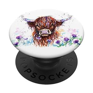 highland cow and flowers painting art popsockets swappable popgrip