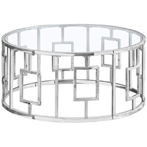 pemberly row glam contemporary 36" round modern glass top accent coffee table in chrome