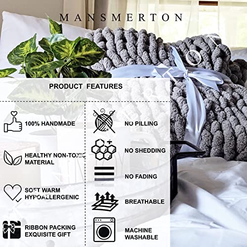 Mansmerton Chunky Knit Blanket Throw-Large50"x60"Grey-Warm Soft crochet Chenille Yarn Thick Knit Blanket for Bed-cozy Cable knit queen Blanket-Big Weighted Chunky Blanket-Boho Home Decor，Gift Washable
