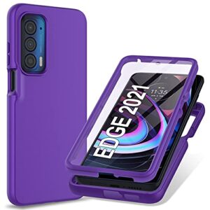 for motorola edge 2021 | edge 5g uw cover case: built in screen protector full body protection hard front bumper & soft silicone back cover slim rugged shockproof protective phone case (purple)