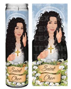 saint cher celebrity prayer devotional parody candle - 8" white, unscented glass