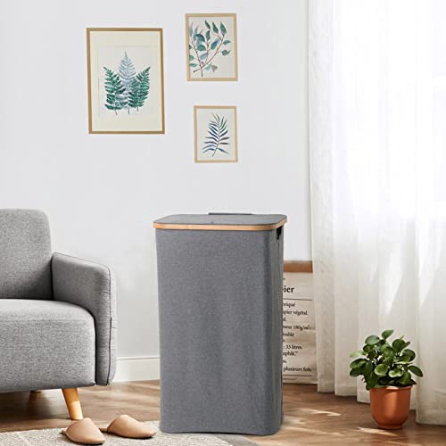 ELONG HOME Laundry Basket with Lid, 1 Pack 100L Laundry Hamper with Removable Bag, Grey Laundry Hamper with Lid, Collapsible Laundry Baskets with Bamboo Handles for Clothes Towels Blankets Toys