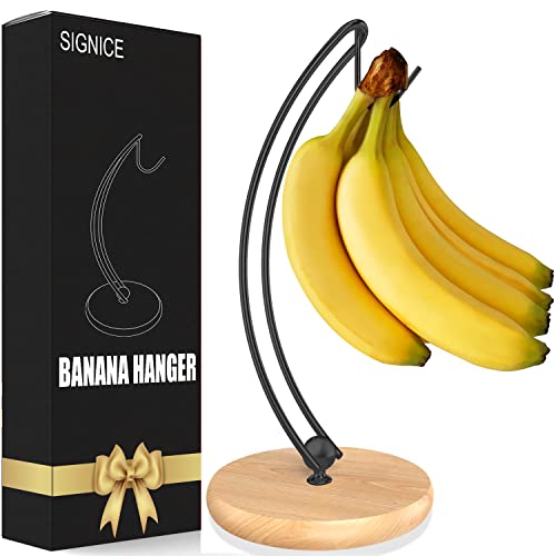 Signice Banana Holder Stand - Newest Patented Modern Banana Tree Hanger with Wood Base Stainless Steel Banana Rack for Home Kitchen Use,Doesn't Tip Over (Black)