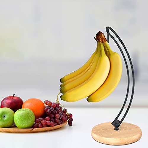 Signice Banana Holder Stand - Newest Patented Modern Banana Tree Hanger with Wood Base Stainless Steel Banana Rack for Home Kitchen Use,Doesn't Tip Over (Black)