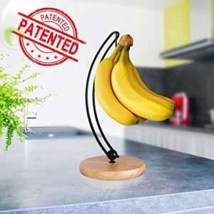 Signice Banana Holder Stand - Newest Patented Modern Banana Tree Hanger with Wood Base Stainless Steel Banana Rack for Home Kitchen Use,Doesn't Tip Over (Black)