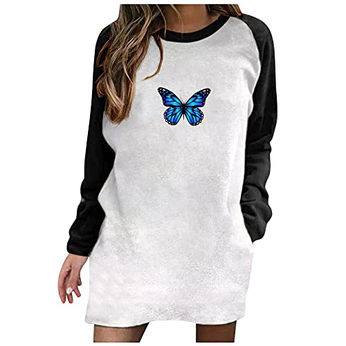 Womens Printed Long Sleeve Shirt with Pockets Casual Loose Crewneck Pullover Sweatshirt Long Blouse Tops Blue