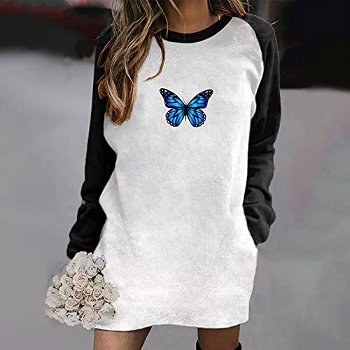 Womens Printed Long Sleeve Shirt with Pockets Casual Loose Crewneck Pullover Sweatshirt Long Blouse Tops Blue