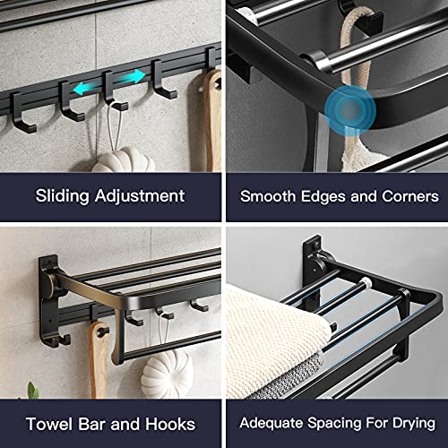 24 Inch Towel Rack with Towel Bar Holder Foldable Towel Shelf with Movable Hooks Rustproof Towel Storage Wall Mount for Bathroom Lavatory Matte Black