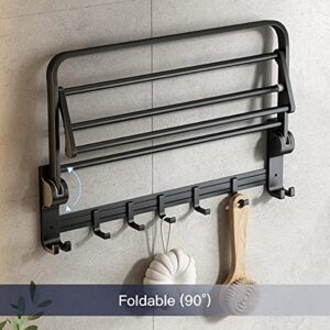 24 Inch Towel Rack with Towel Bar Holder Foldable Towel Shelf with Movable Hooks Rustproof Towel Storage Wall Mount for Bathroom Lavatory Matte Black