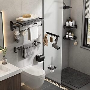 24 Inch Towel Rack with Towel Bar Holder Foldable Towel Shelf with Movable Hooks Rustproof Towel Storage Wall Mount for Bathroom Lavatory Matte Black