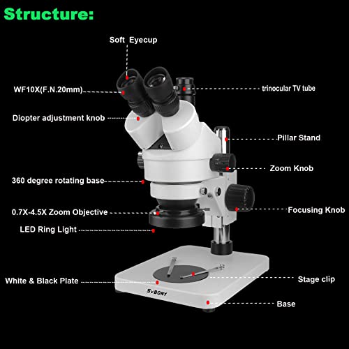 SVBONY SM402 Microscope for Adults, Professional Trinocular Stereo Zoom Microscope, with WF10x Eyepieces, 0.7X-4.5X Zoom Objective, LED Lighting, Large Pillar-Style Table Stand